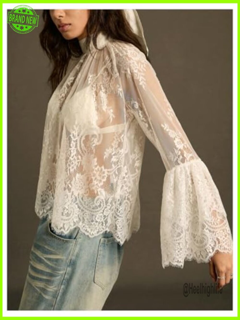 Lace Sheer Ruffle Blouse Mock Neck Bell Long Sleeve Boho Flowy Top - Picture 2 of 5